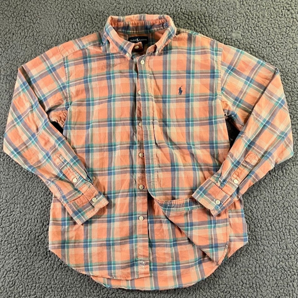 Ralph Lauren Kids Large 14-16 Plaid Button‎ Down Shirt Orange Blue Cotton Pony
